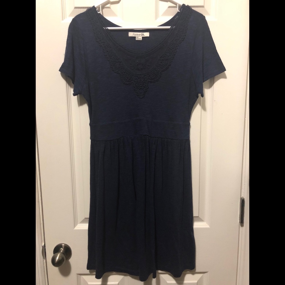 Forever 21 Navy Dress with Lace Neckline - Large